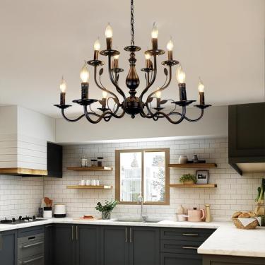 Imagem de Lâmpada Pendente Lustre Francês Country 6 Luzes Estilo Vela Preta Pingente Luz Vintage Metal Pingente Pendurado Lâmpada Teto Pingente Luminária Para Mesa De Jantar I, One Color, 12 lights