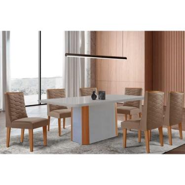 Imagem de Conjunto Sala de Jantar Pietá c/ Tampo Madeirado c/ Vidro Canto Curvo 180x90cm e 6 Cadeiras Maldivas Madeira Maciça Naturale/Off White - Capuccino/Sue