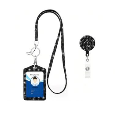 Imagem de Cordão de pescoço de cristal 3 em 1, suporte de crachá de identificação brilhante, suporte de cartão de nome de trabalho com strass retrátil para professores, enfermeiras, médicas, mulheres (1 preto)