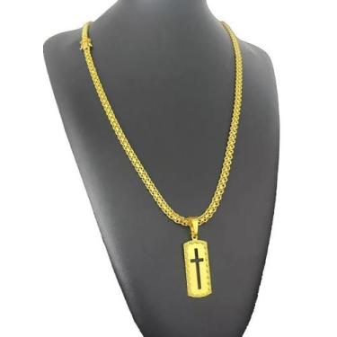 Imagem de Cordão Cadeado Duplo 5mm + Pingente Cruz Banhado a Ouro 70cm - Tojoia1