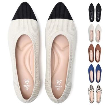 Imagem de Vipost Sapatilhas de balé de malha para mulheres, bico fino dobrável sem cadarço - Sapatilhas leves e respiráveis elegantes para trabalho, viagens, casamento, Preto e bege, 8 Wide