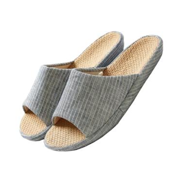 Imagem de MAGILONA Pantufas femininas de verão, bico aberto, tatami, palha, masculino, para uso interno, de linho, leves, silenciosas, Azul, 8-9