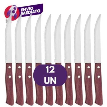 Imagem de Kit Faca de Churrasco Cabo Madeira Aço Inox Lâmina Serrilhada Cozinha 