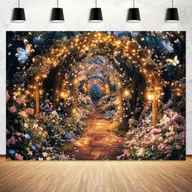 Imagem de 2,1 x 1,5 m cenário de floresta encantada de fadas roxo princesa conto de fadas arco mágico jardim das maravilhas borboleta fundo de flores para crianças, meninas, chá de bebê, festa, estúdio