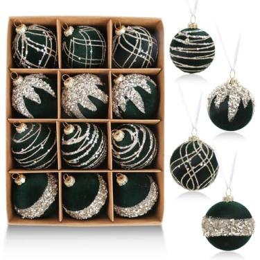 Imagem de IPOPU 12 bolas de Natal com glitter de veludo de 6 cm, enfeites de Natal verdes, enfeites de árvore de Natal, conjunto de bolas de Natal para decoração de centro de mesa de festa de casamento (verde)