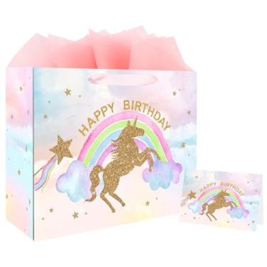 Imagem de ASYEHJNR Bolsa de presente de aniversário arco-íris pastel tamanho grande de 33 cm com glitter estrela dourada com cartão de felicitações papel de seda para crianças meninas pastel arco-íris tema