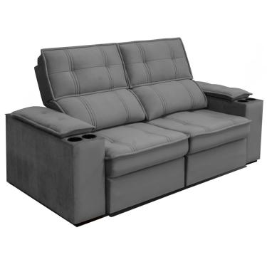 Imagem de Sofá com Porta Copos 2,54 Metros Reclinável Gralha Azul Ferrara, Veludo - 3016 - Cinza
