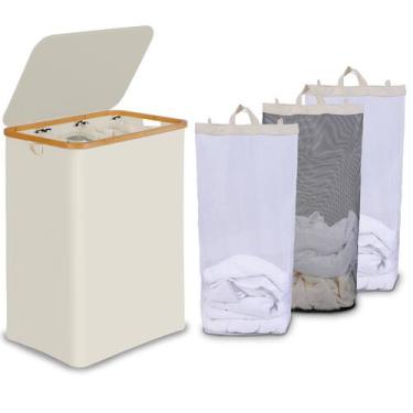 Imagem de Cesto de roupa suja efluky Trio com 3 sacos removíveis 160L bege