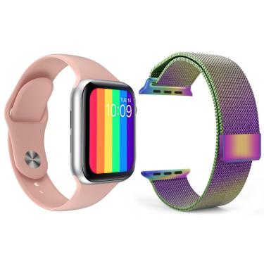 Imagem de Kit 1 Smartwatch Iwo12 Lite Rosa + 1 Pulseira Aço Arco Íris