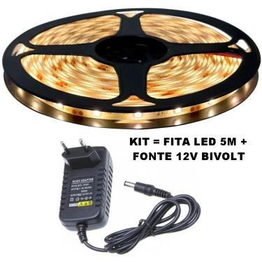 Imagem de Kit Fita de Led Amarelada Branco Quente 3000k com 5 Metros + Fonte Energia 12v Bivolt