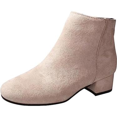 Imagem de Botas femininas de camurça, cano curto, de inverno, quente, de salto baixo, botas de neve para uso ao ar livre, Bege, 38 BR