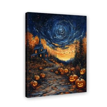 Imagem de Pintura de arte de parede de Halloween Impressão em tela de castelo enevoado amigável - decoração de parede engraçada céu estrelado abóbora para crianças pôster de Halloween (emoldurado/sem moldura