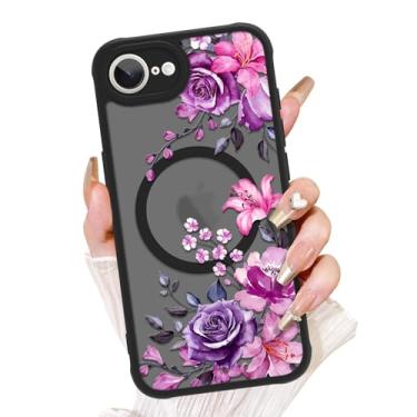 Imagem de AIGOMARA Capa para iPhone 16e, compatível com MagSafe, linda flor de lírio rosa com capa de telefone fosca semitransparente para mulheres Gilrs TPU macio e PC capa protetora traseira fina roxa