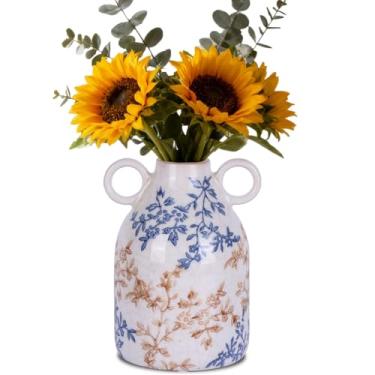 Imagem de oliruim Vaso de cerâmica floral azul vintage com alças – Vaso de flores francês para sala de estar, mesa de jantar ou decoração de quarto (floral azul)
