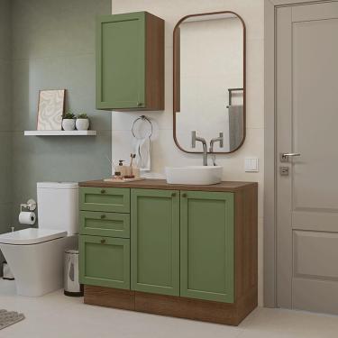 Imagem de Conjunto Gabinete Para Banheiro 110cm 3 Gavetas 3 Portas Vik Madesa 01 Rustic-verde