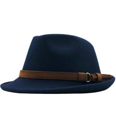 Imagem de Chapéu feminino masculino de feltro panamá jazz chapéu Manhattan estrutura aba curta retrô Fedora azul-marinho 55-58 cm