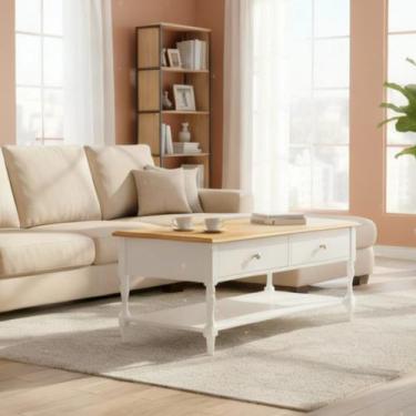 Imagem de Mesa de Centro 2 Gavetas 100cm Tampo de Madeira Maciça e Pés Torneados