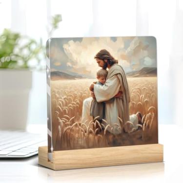 Imagem de Placa acrílica Jesus abraçando menino, decoração de mesa de cura cristã moderna, presentes de apreciação cristã para mesa, prateleira, escritório, sala de estar, quarto, decoração