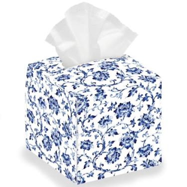 Imagem de DELORIGIN Porta-lenços de papel de flor artística azul de couro quadrado dobrável capa decorativa caixa de papel toalha de papel organizador para mesa, banheiro, casa, carro, escritório