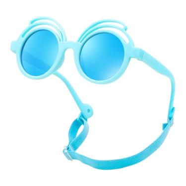 Imagem de FEISEDY Óculos de sol redondos polarizados de borracha flexíveis com alça para bebês recém-nascidos de 0 a 24 meses B0060, Armação azul | Lente espelhada azul, 39MM