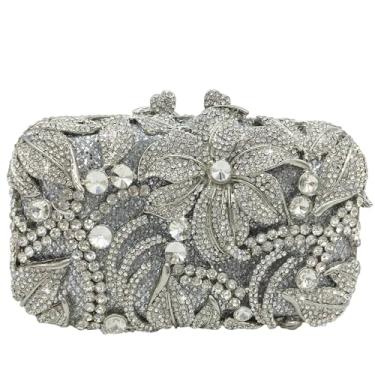 Imagem de Boutique De FGG Mini bolsa clutch floral para mulheres, formal, bolsa de mão com strass, bolsa clutch de cristal para festa nupcial, Prata, Mini
