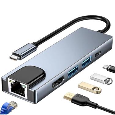 Imagem de Adaptador HDMI Ethernet USB C, estação de ancoragem 5 em 1 com HDMI 4K, Ethernet RJ45, USB 3.0/2.0, PD 100W, USB C compatível com MacBook Pro/Air, iPad Pro, XPS, etc