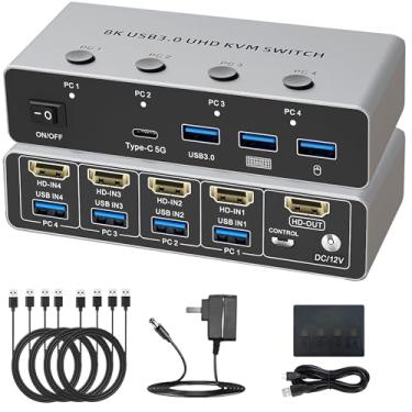 Imagem de Interruptor HDMI KVM 8K 1 Monitores 4 Computadores para 4PC