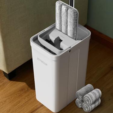 Imagem de JOYMOOP Conjunto de esfregão e balde com esfregão, esfregões planos para limpeza de piso, limpador de parede com cabo longo, esfregão de piso de madeira com 4 almofadas de microfibra