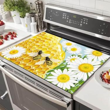 Imagem de HOMETITUTE Capa superior de fogão de abelha mel para decoração de cozinha elétrica de 71 x 50 cm, protetor de fogão de vidro resistente ao calor, tapete de bancada com design de margarida e favo de