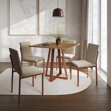 Imagem de Conjunto De Jantar Mesa Mônaco 90Cm Tampo Imbuia Com 4 Cadeiras Bege Base Cobre - Cor: Preto
