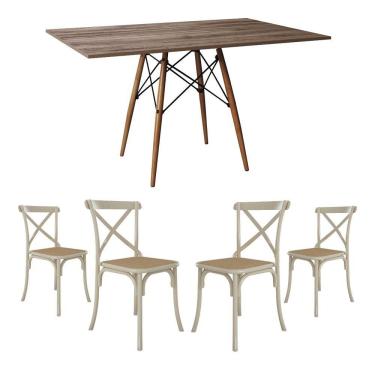 Imagem de Conjunto De Mesa Eiffel Retangular Tampo De Madeira 120X75Cm Amêndoa Com 4 Cadeiras Katrina Off Whit