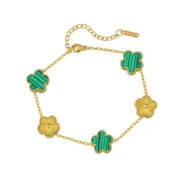 Imagem de Pulseira feminina de trevo banhada a ouro 18K - Pulseira de flores de quatro folhas de aço inoxidável impermeável - Presente de joia delicada ajustável, One Size, Aço inoxidável, Sem Pedra Preciosa