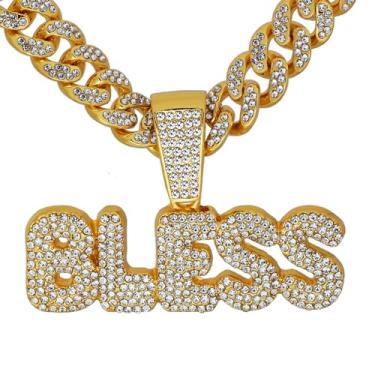 Imagem de GuoShuang Colar feminino com pingente "Bless" com pingente de elos cubanos, corrente cubana Miami de 45,7 cm