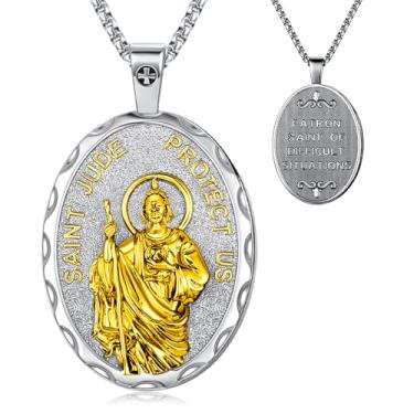 Imagem de OigvcoTe Pingente religioso de São Jude/São Cristóvão/São José/banhado a platina, colar de moedas grande, corrente de 19,69 + 5 cm, medalha de santo padroeiro católico, alto polimento., 19.69+2 Inches