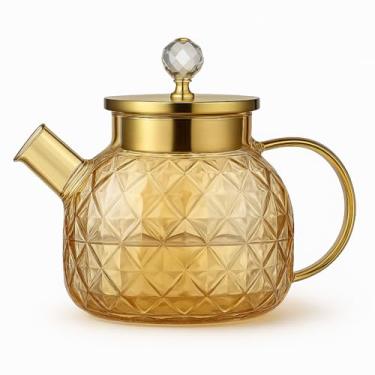 Imagem de Jarra de Vidro Borossilicato Premium 1L com Tampa Dourada e Cristal – Alta Resistência Térmica, Design Lapidado Luxuoso, Ideal para Chá, Café, Sucos e Infusões
