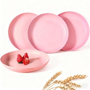 Imagem de Conjunto de pratos de jantar com profundidade de 23 cm, 4 peças de pratos de sobremesa de palha de trigo, conjunto de pratos de jantar de plástico rígido reutilizáveis, pratos leves para crianças