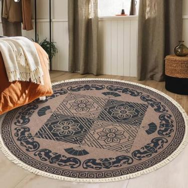 Imagem de Lacomfy Tapete floral redondo, 1,5 m, boho, casa de fazenda, círculo, quarto, rústico, boêmio, dormitório, decorativo, borla, antiderrapante, lavável, capacho de entrada, corredor, tapete, café