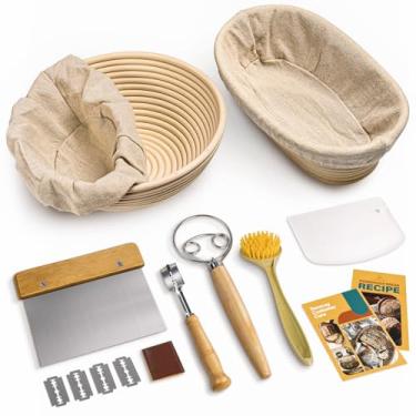 Imagem de RORECAY Conjunto de cestos para fermentação de pão, 23 cm, redondo e oval, cestas para massa fermentada de 25,4 cm com batedor de massa, raspador, tigela raspadora de silicone, pincel de silicone
