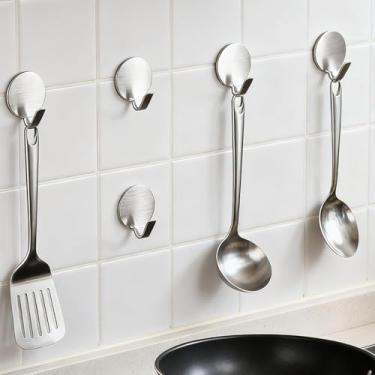 Imagem de 5 peças de ganchos adesivos de aço inoxidável para pendurar toalha sem costura design antiderrapante ganchos de parede para banheiro e cozinha resistente fácil instalação (2 cm)