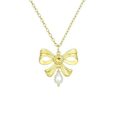 Imagem de Colar com laço feminino - pingente de laço delicado de aço inoxidável banhado a ouro 18K - lindo colar de fita - laço de pérola - joia impermeável sem manchas - presente de Natal para ela, Small, Aço