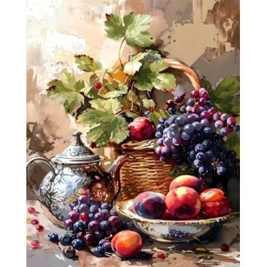 Imagem de VNUIEHG Tinta de pêssego de uva por número para adultos iniciantes, tinta de folhas verdes de frutas por números para adultos, kit de tinta de bule de chá prata por números, decoração de parede de