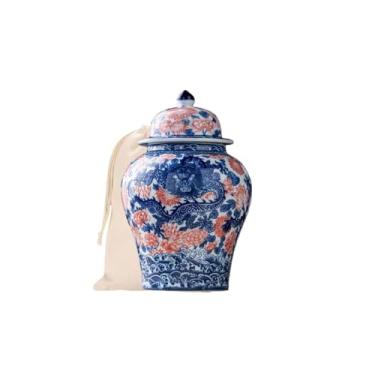 Imagem de MYMYYT Pote de gengibre dragão de 20 cm - vaso de flores decorativo de cerâmica vermelha com tampa, presente de chinoiserie frascos de esmalte para casa/cozinha/sala de jantar/decoração de prateleira