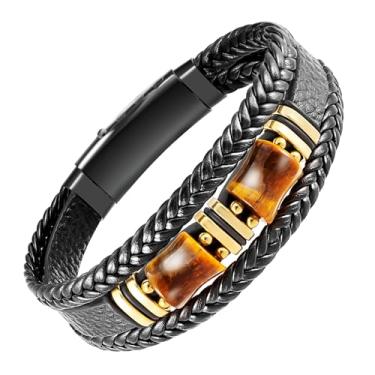 Imagem de INFUPNET Pulseira de couro olho de tigre para homens, pulseira masculina com fivela de aço inoxidável ajustável, joia masculina, presente de aniversário de Natal para filho, marido, neto, namorado