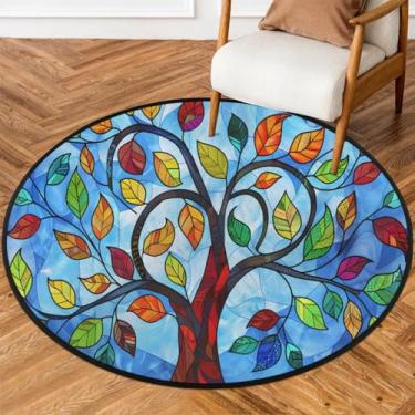 Imagem de Tapete redondo de 1,8 m arte folhas coloridas tapetes de área de círculo macio antiderrapante lavável tapete circular para interior quarto berçário sala de estar cozinha banheiro entrada casa tapete