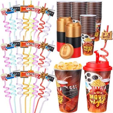 Imagem de Yungyan 16 conjuntos de copos de lembrancinhas de festa noturna de cinema com tampas e canudos para decorações de festa de Halloween reutilizáveis 473 ml Canudos de plástico para presente de