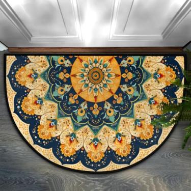 Imagem de Tapete de porta meio redondo, mandala étnica, retrô, antiderrapante, absorvente, semicírculo, tapetes laváveis, para ambientes internos e externos, pátio, cozinha, banheiro, entrada, lareira