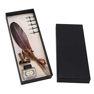 Imagem de Conjunto de canetas de penas artesanais, retrô esculpido em aço inoxidável, traje de escrita para presente de assinatura, decoração de mesa (Marrom)
