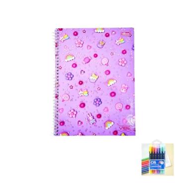 Imagem de Kit Caderno Universitário Vibe Feminino 10M 160F Tilibra + Caneta Esferográfica Spiro e Marca Texto Lumini