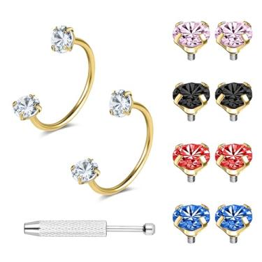 Imagem de 6ixGosh Anéis de nariz em ferradura de 18 g, argola de aço cirúrgico, meia cartilagem, tragus, argola, multicolorida, alternativa, zircônia cúbica, piercing de septo, joia, Aço inoxidável, Zircônia