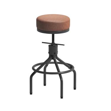 Imagem de CHIDOCHILO Banquetas de bar industriais ajustáveis giratórias redondas modernas de couro PU 71 cm frente única banco de bar de metal para ilha de cozinha (D017-marrom-1)